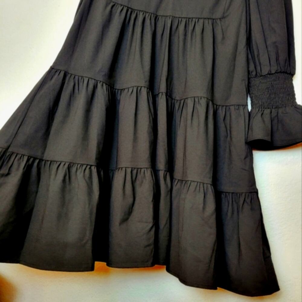 🚨NEW POMANDER PLACE Tuckernuck Black Crepe Kenzo Tiered Mini Dress Sz Small - Picture 10 of 16